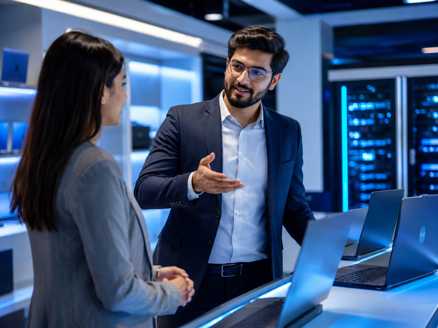 Sales professional speaking with a client